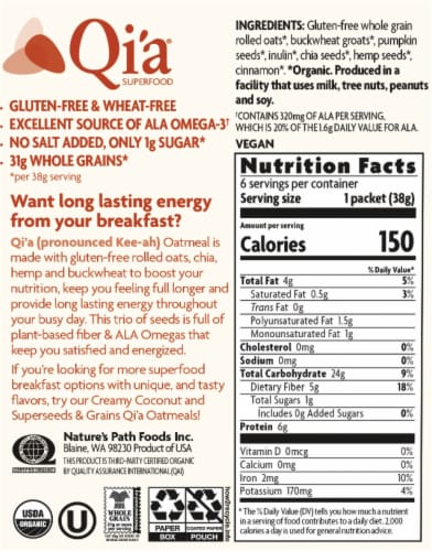 Nature's Path Organic Gluten-Free Qi'a Superfood Cinnamon Pumpkin Seed Oatmeal Perspective: back