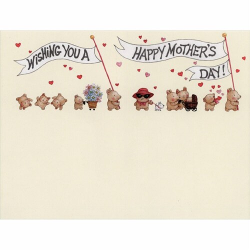 Recycled Paper Greetings Bear Parade Carrying Mom Banner and Flowers Cute Mother's Day Card Perspective: back