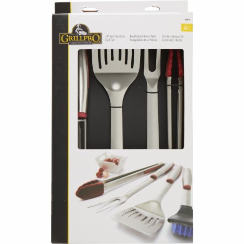 GrillPro Rubber Insert Handle Stainless Steel 4-Piece Barbeque Tool Set 40070 Perspective: back