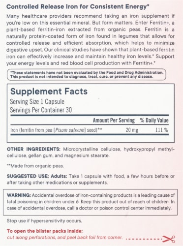 Flora Ferritin+ Plant Based Iron Supplement Perspective: back