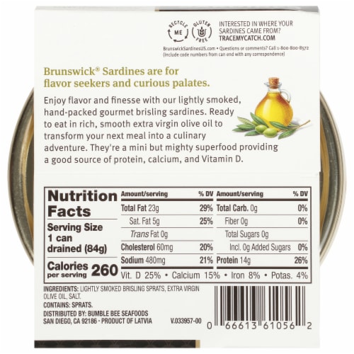 Brunswick™ Mediterranean Style Wild Caught Gourmet Brisling Sardines in Olive Oil Can Perspective: back