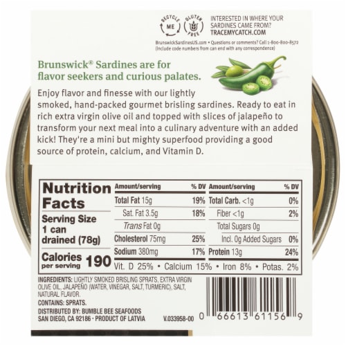Brunswick™ Wild Caught Gourmet Brisling Sardines Topped with Jalapeno Slices Perspective: back