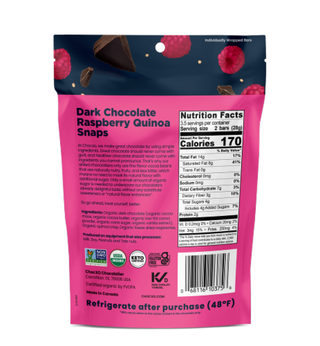 Chocxo Snap Dark Chocolate Raspberry Quinoa Snaps - 3.45 oz (Pack Of 6) Perspective: back