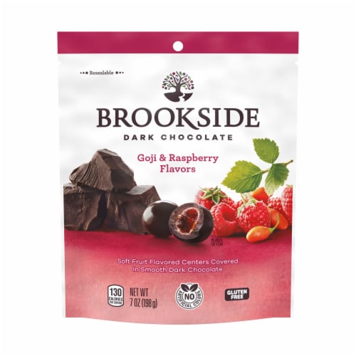 BROOKSIDE Dark Chocolate Goji and Raspberry Flavored Snacking Chocolate Bag Perspective: back