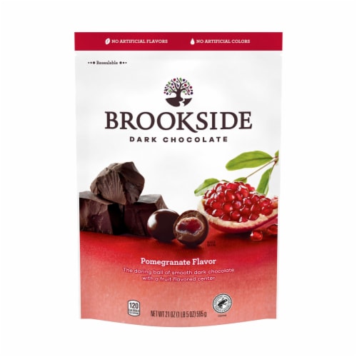 BROOKSIDE Dark Chocolate and Pomegranate Flavored Snacking Chocolate Bag Perspective: back