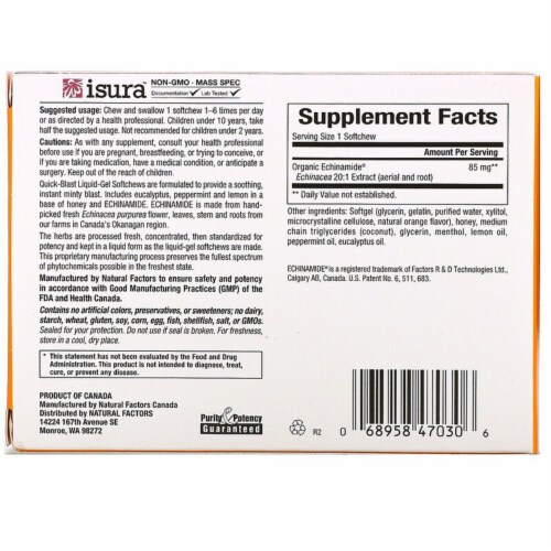 Natural Factors Echinamide Quick-Blast,Soothe Throat/Sinuses,Honey Lemon,30Liq-Gel Sft Chews Perspective: back