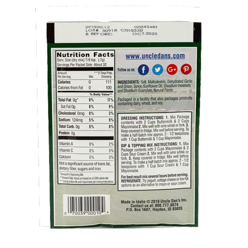 Uncle Dan's® Original Southern Classic Salad Dressing & Dip Mix Perspective: back