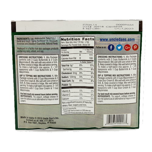 Uncle Dan's Classic Ranch Dressing & Dip Mix Perspective: back