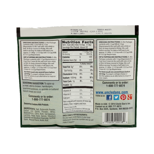 Uncle Dan's Creamy Ranch Seasoning & Salad Dressing Mix Perspective: back