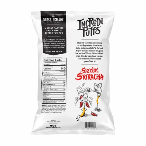 The Snack Brigade IncrediPuffs Sizzlin Sriracha Plant-Based Snack Perspective: back