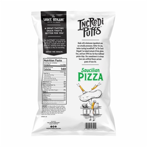The Snack Brigade IncrediPuffs Saucilian Pizza Plant-Based Snack Perspective: back