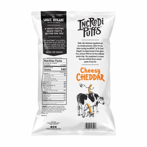 The Snack Brigade IncrediPuffs Cheesy Cheddar Plant-Based Snack Perspective: back
