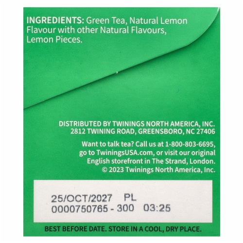 Twinings Flavored Green Tea Lemon 20 Tea Bags - 1.41 oz (40 g) Perspective: back