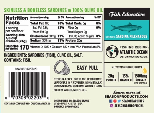 Seasons Skinless & Boneless Sardines in 100% Olive Oil Perspective: back