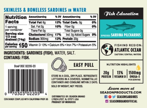 Season Brand Skinless & Boneless Sardines in Water Perspective: back