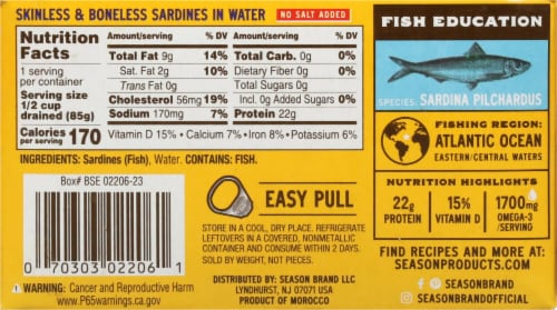 Season Brand® Skinless & Boneless No Salt Added Sardines in Water Perspective: back