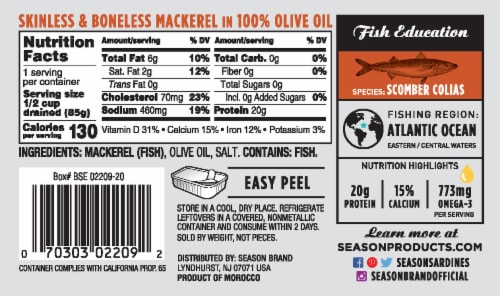 Season Brand Fillets of Mackerels in Olive Oil Perspective: back