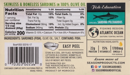 Season Brand® Skinless & Boneless Sardines in 100% Olive Oil Perspective: back