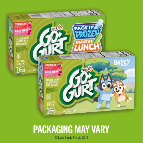 Yoplait Go GURT Bluey Strawberry and Mixed Berry Kids Fat Free Yogurt Tubes Perspective: back