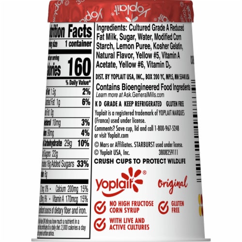 Yoplait Gluten Free Original Starburst Lemon Flavored Low Fat Yogurt Perspective: back