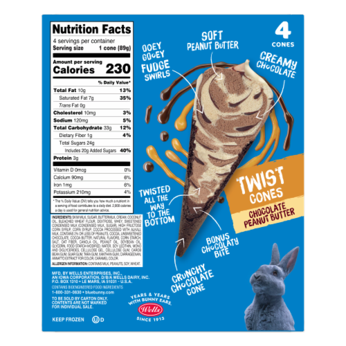Blue Bunny® Twist Cones Chocolate Peanut Butter Frozen Dairy Dessert Cones Perspective: back