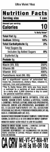 Monster® Zero Sugar Ultra Violet Energy Drink Can Perspective: back