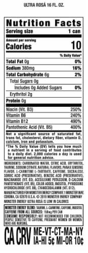Monster® Zero Sugar Ultra Rosa Energy Drink Can Perspective: back