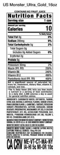 Monster® Zero Sugar Ultra Gold Energy Drink Can Perspective: back