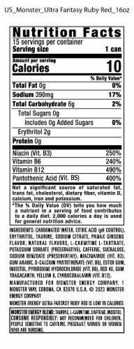 Monster® Zero Sugar Ultra Fantasy Ruby Red Energy Drink Can Perspective: back