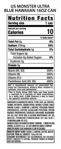 Monster® Zero Sugar Ultra Blue Hawaiian Energy Drink Can Perspective: back
