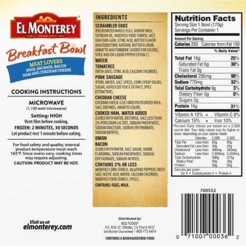 El Monterey® Meat Lovers' Breakfast Bowl Frozen Meal Perspective: back