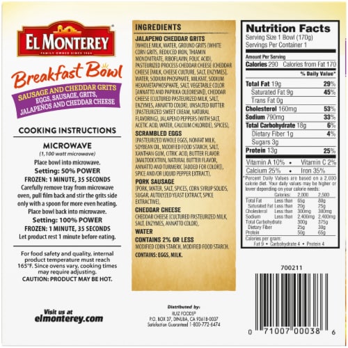 El Monterey® Sausage & Cheddar Grits Breakfast Bowl Frozen Meal Perspective: back