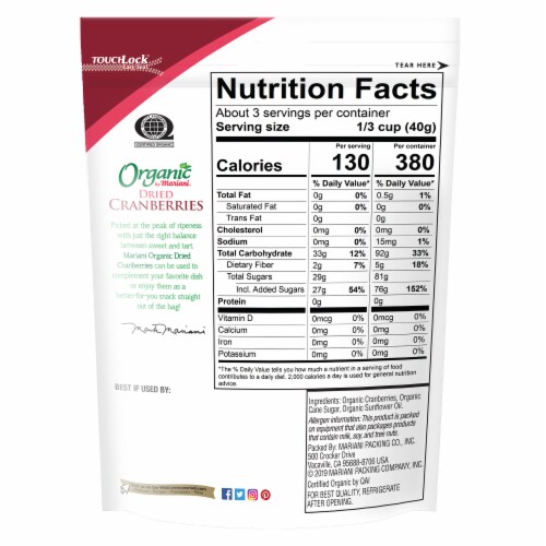 Mariani Organic Dried Cranberries Perspective: back