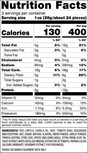 Calbee® Harvest Snaps® Tomato Basil Red Lentil Bean Crisps Perspective: back