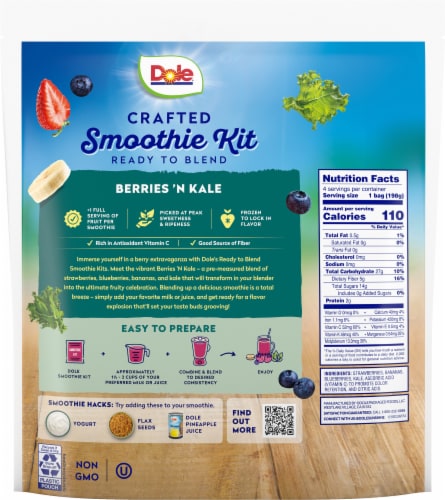 Dole Crafted Berries 'N Kale Smoothie Mix 4 - 7 oz Bags Perspective: back