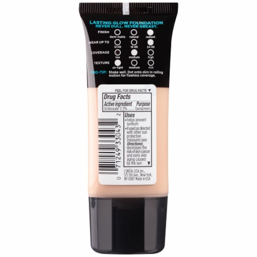 L'Oreal Paris Infallible Pro-Glow 202 Creamy Natural Octinoxate Sunscreen Broad Spectrum SPF 15 Perspective: back