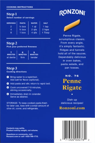 Ronzoni Non-GMO Penne Rigate Ridged Pasta Perspective: back