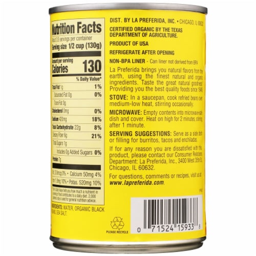 La Preferida® Organic Authentic Refried Black Beans Perspective: back