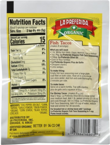 La Preferida® Organic Fish Taco Seasoning Perspective: back