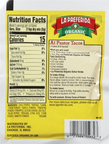 La Preferida® Organic Al Pastor Taco Seasoning Perspective: back