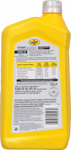 Pennzoil® Platinum PurePlus 0W-20 SAE Full Synthetic Motor Oil Perspective: back