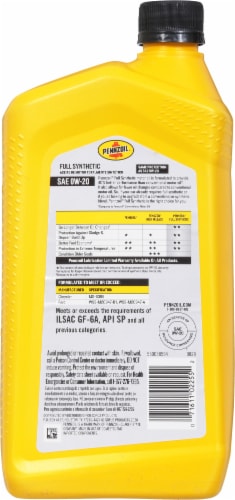 Pennzoil 0W-20 Full Synthetic Motor Oil Perspective: back