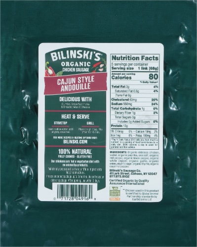 Bilinski's® Organic Cajun Style Andouille Chicken Sausage Perspective: back