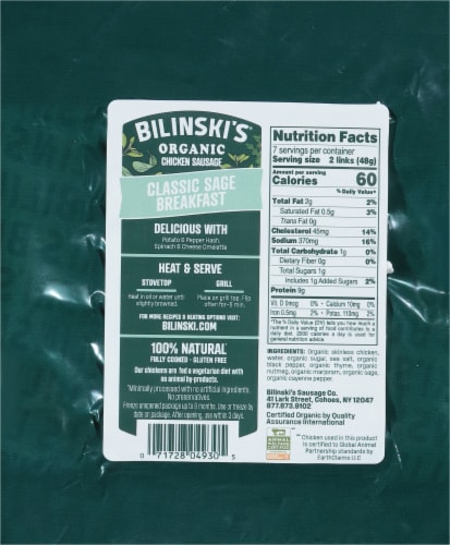 Bilinskis® Organic Classic Sage Breakfast Chicken Sausage Perspective: back