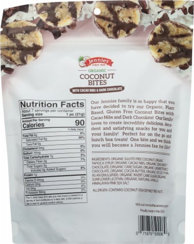 Jennies Organic Coconut Bites with Cacao Nibs & Dark Chocolate Perspective: back