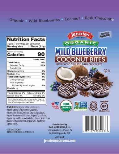 Jennies Organic Wild Blueberry Coconut Bites with Cacao Nibs & Dark Chocolate Perspective: back