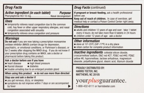 Harris Teeter® Congestion PE Maximum Strength Non-Drowsy Nasal Decongestant Tablets 10mg Perspective: back