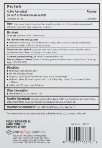 Harris Teeter™ Mucus Relief 600mg Expectorant Cough Suppressant Tablets Perspective: back