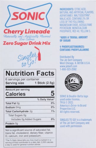 Sonic™ Singles to Go!® Zero Sugar Cherry Limeade Drink Mix Packets Perspective: back