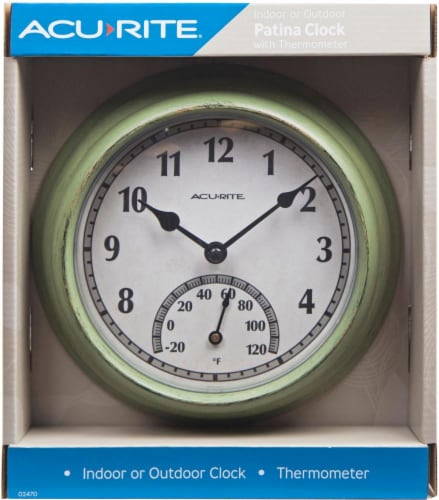 8.5 Outdoor / Indoor Wall Clock with Thermometer - Rustic Weathered Green  Finish - Acurite